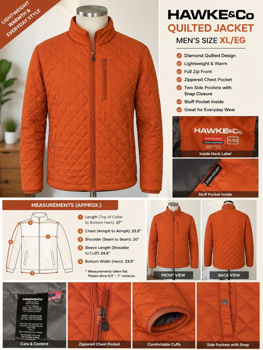 HAWKE&Co Men’s XL/EG Quilted Jacket – Rust Orange